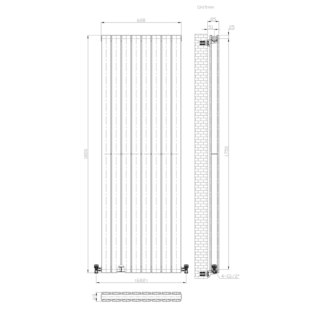 Belgravia Vertical Double Slim Flat Panel Radiator White 1800mm x 608mm + Angled Valve