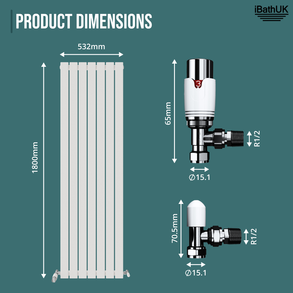 Belgravia Vertical Single Slim Flat Panel Radiator White 1800mm x 532mm + Angled Valve