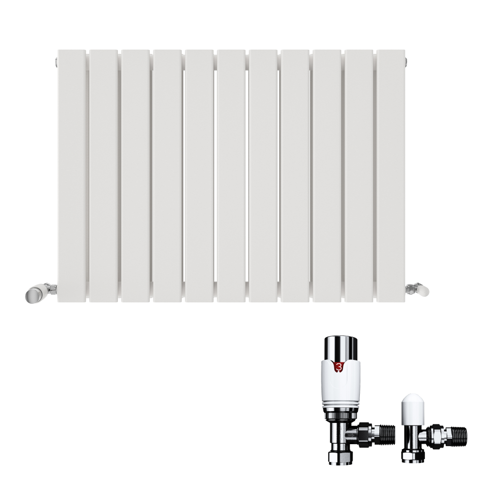 iBathUK Apex Horizontal Double Panel Slim Flat Radiator, Wall Mounted Designer Radiator with Angled Valve, Matt White, 600mm x 1596mm