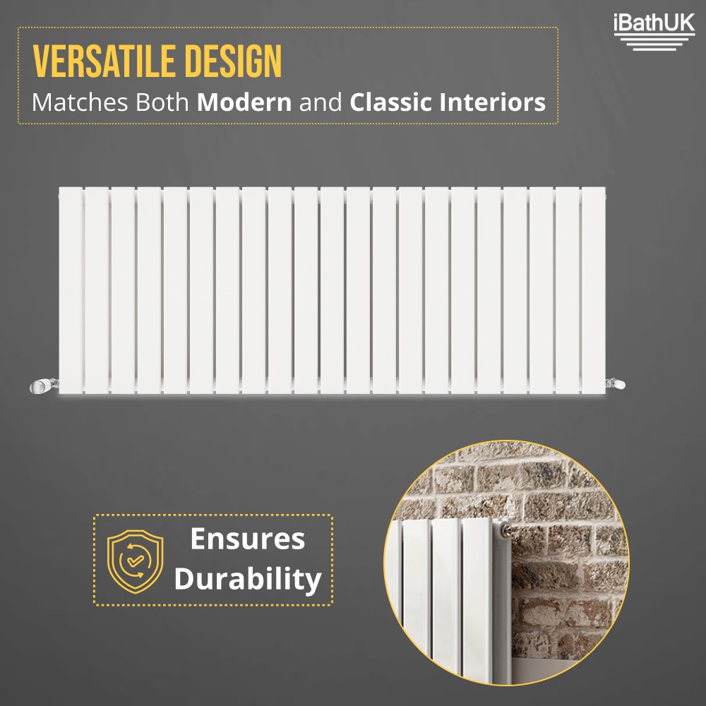 iBathUK Apex Horizontal Double Panel Slim Flat Radiator, Wall Mounted Designer Radiator with Angled Valve, Matt White, 600mm x 1596mm