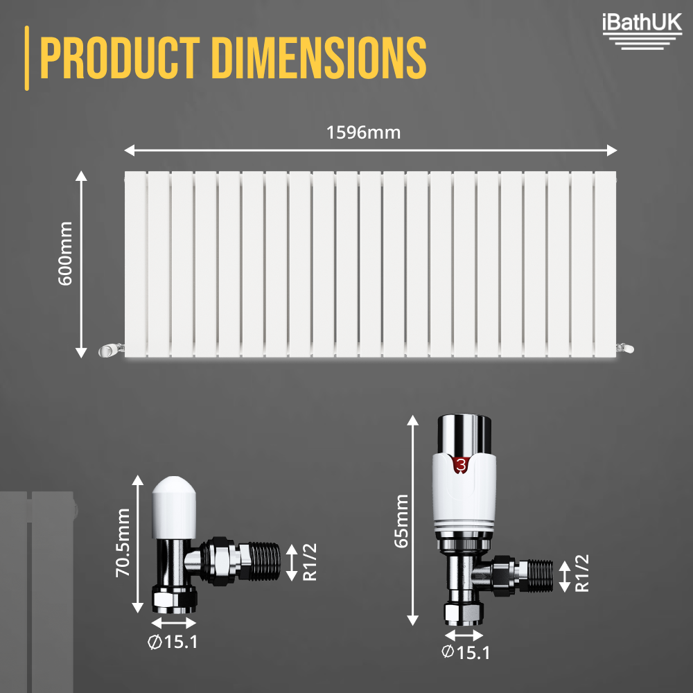 iBathUK Apex Horizontal Double Panel Slim Flat Radiator, Wall Mounted Designer Radiator with Angled Valve, Matt White, 600mm x 1596mm