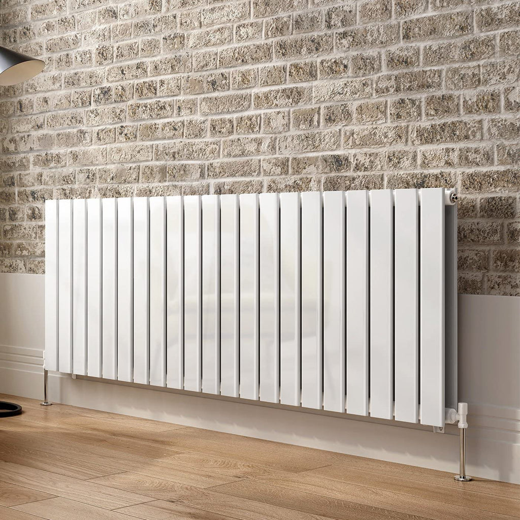 iBathUK Apex Horizontal Double Panel Slim Flat Radiator, Wall Mounted Designer Radiator with Angled Valve, Matt White, 600mm x 1596mm