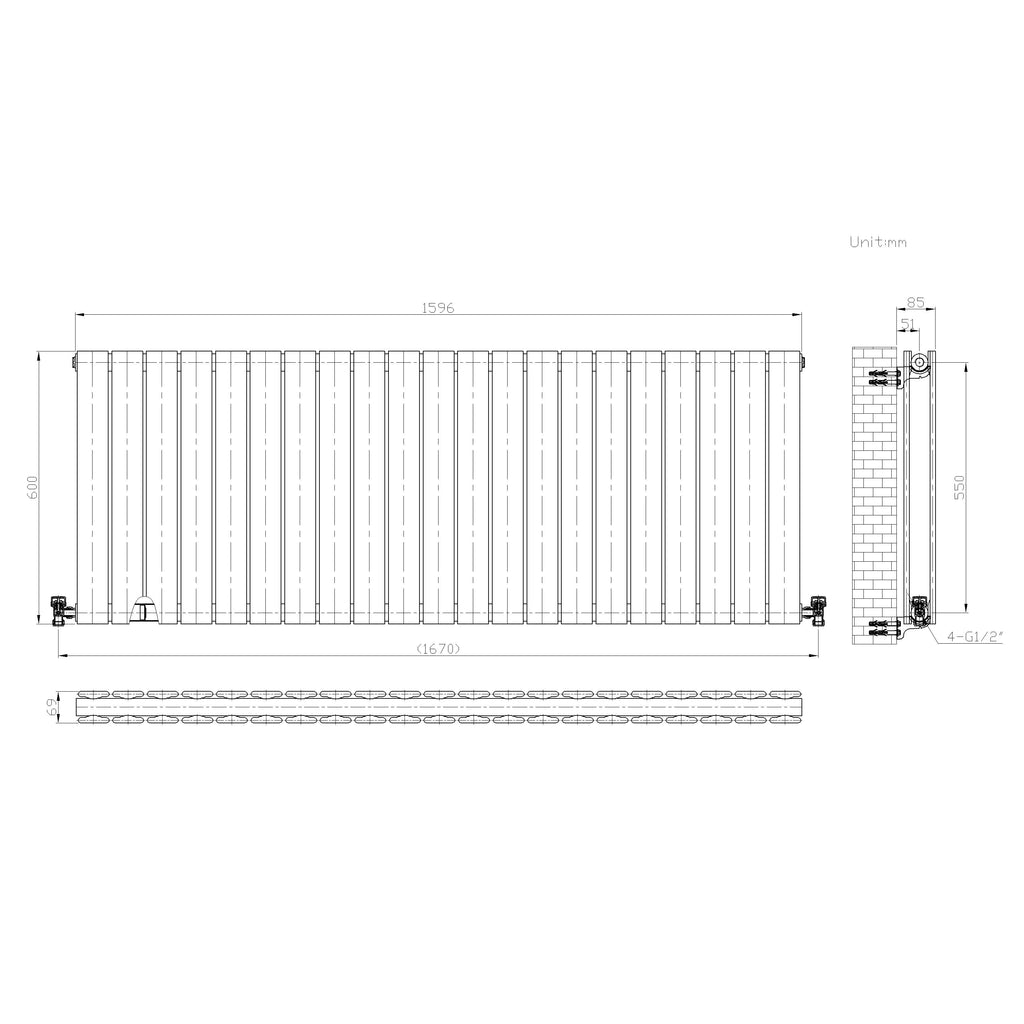 iBathUK Apex Horizontal Double Panel Slim Flat Radiator, Wall Mounted Designer Radiator with Angled Valve, Matt White, 600mm x 1596mm