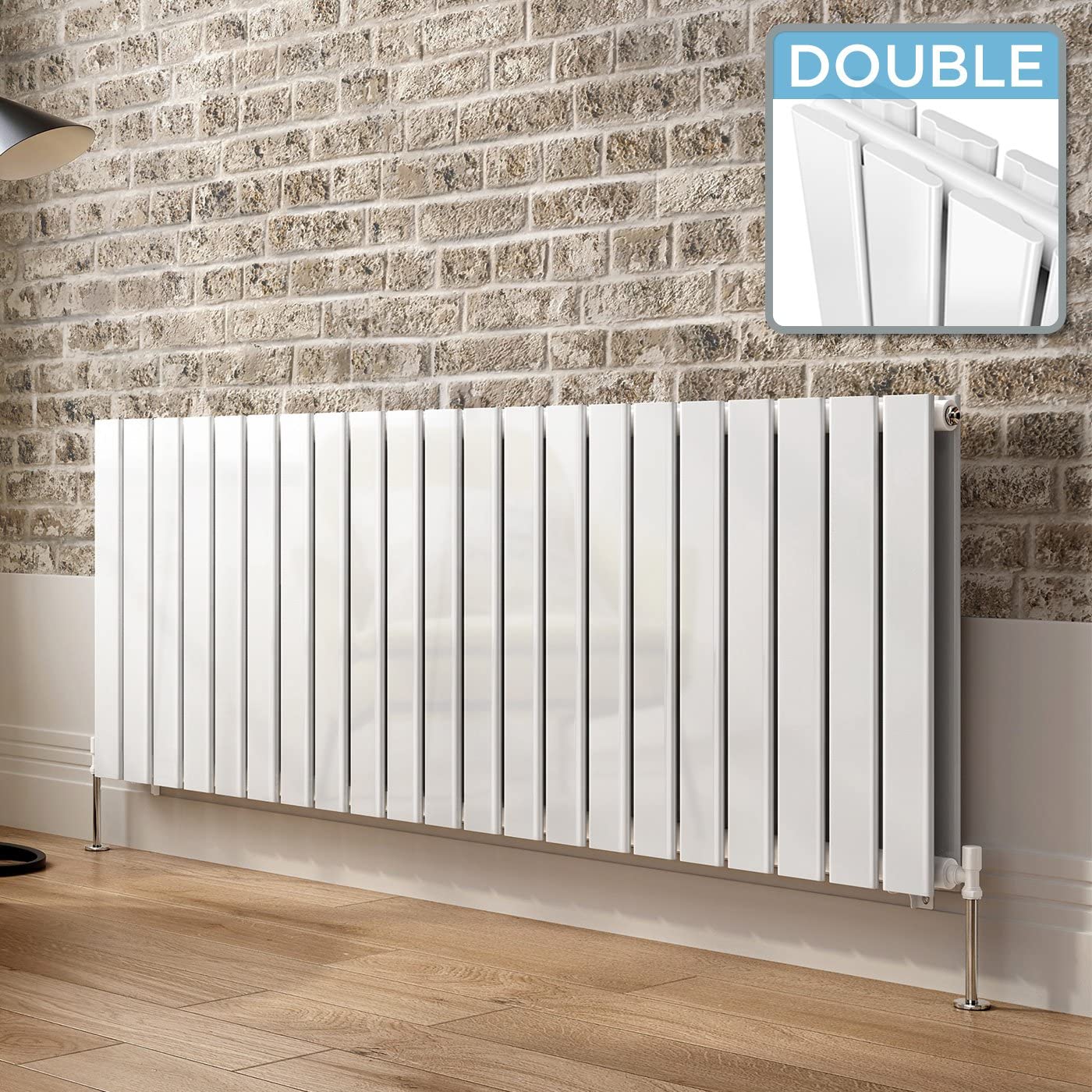 iBathUK Apex Horizontal Double Panel Slim Flat Radiator, Wall Mounted Designer Radiator with Angled Valve, Matt White, 600mm x 1596mm