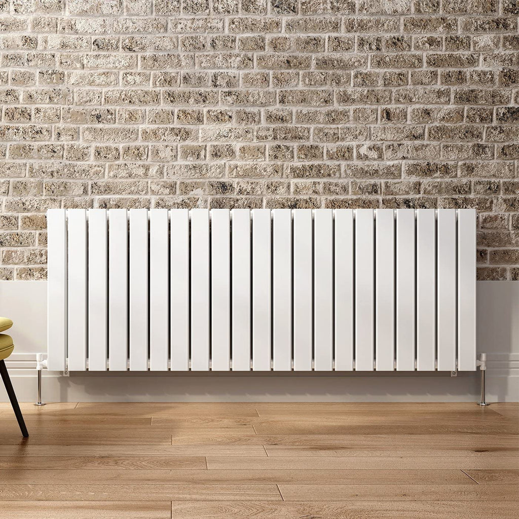 iBathUK Apex Horizontal Double Panel Slim Flat Radiator, Wall Mounted Designer Radiator with Angled Valve, Matt White, 600mm x 1596mm