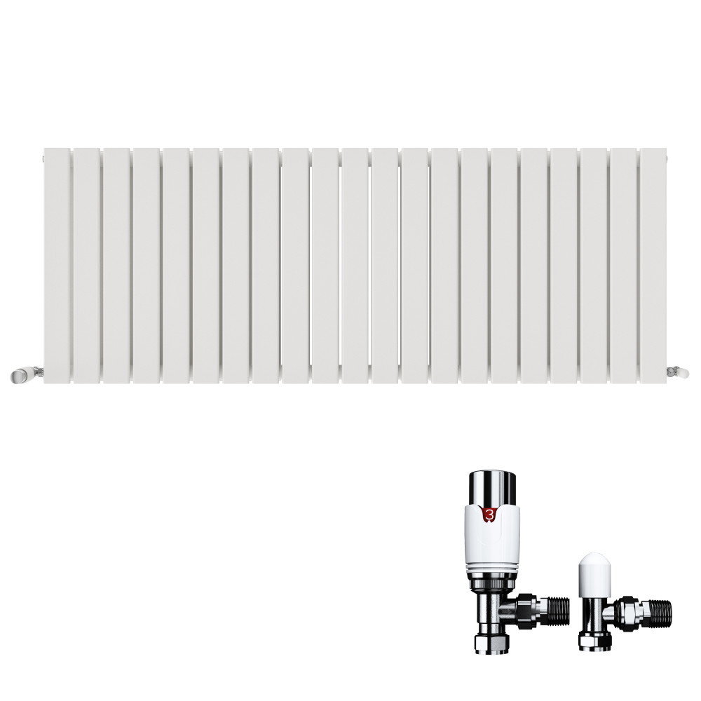 iBathUK Apex Horizontal Double Panel Slim Flat Radiator, Wall Mounted Designer Radiator with Angled Valve, Matt White, 600mm x 1596mm