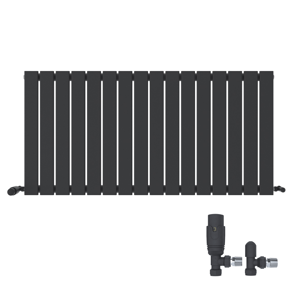 iBathUK Apex Horizontal Single Panel Slim Flat Radiator, Wall Mounted Designer Radiator with Angled Valve, Matt White, 600mm x 988mm