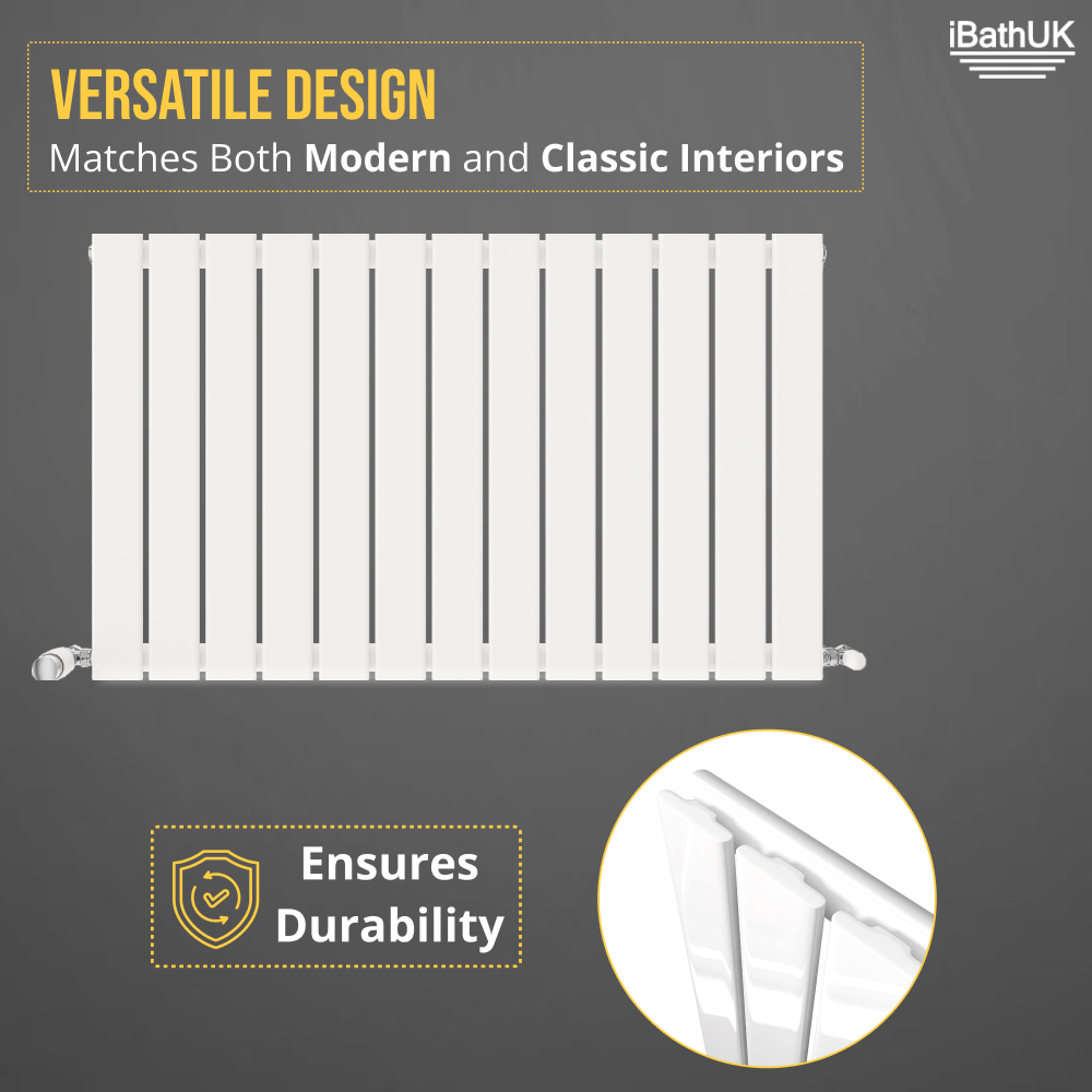 iBathUK Apex Horizontal Single Panel Slim Flat Radiator, Wall Mounted Designer Radiator with Angled Valve, Matt White, 600mm x 988mm