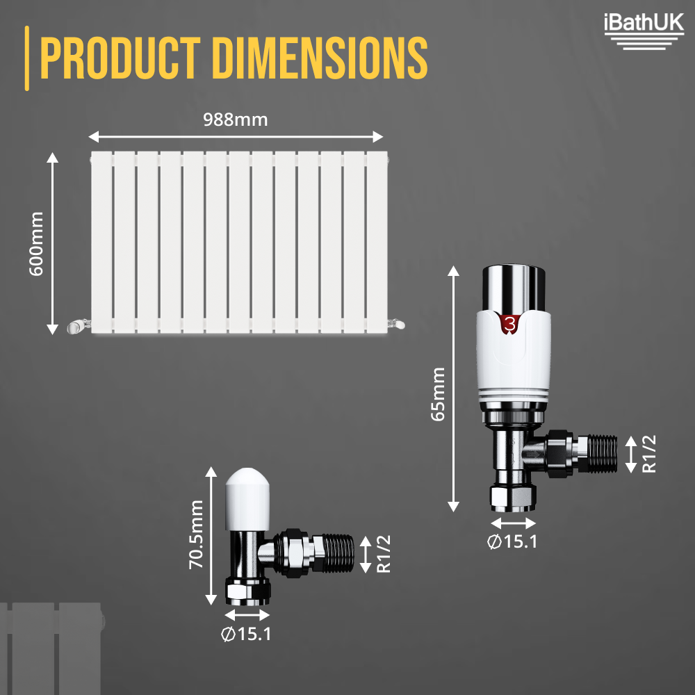Belgravia Horizontal Single Slim Flat Panel Radiator White 600mm x 988mm + Angled Valve