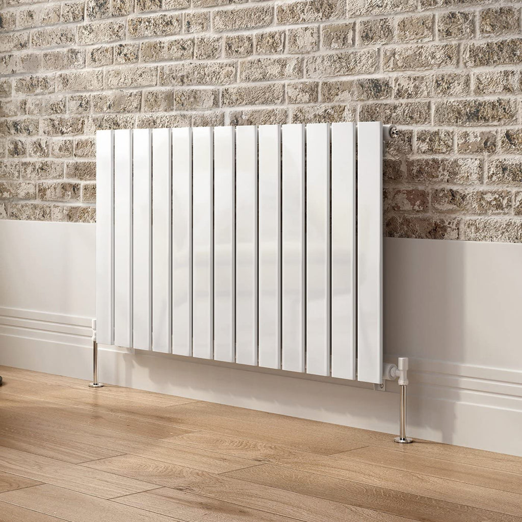 iBathUK Apex Horizontal Single Panel Slim Flat Radiator, Wall Mounted Designer Radiator with Angled Valve, Matt White, 600mm x 988mm