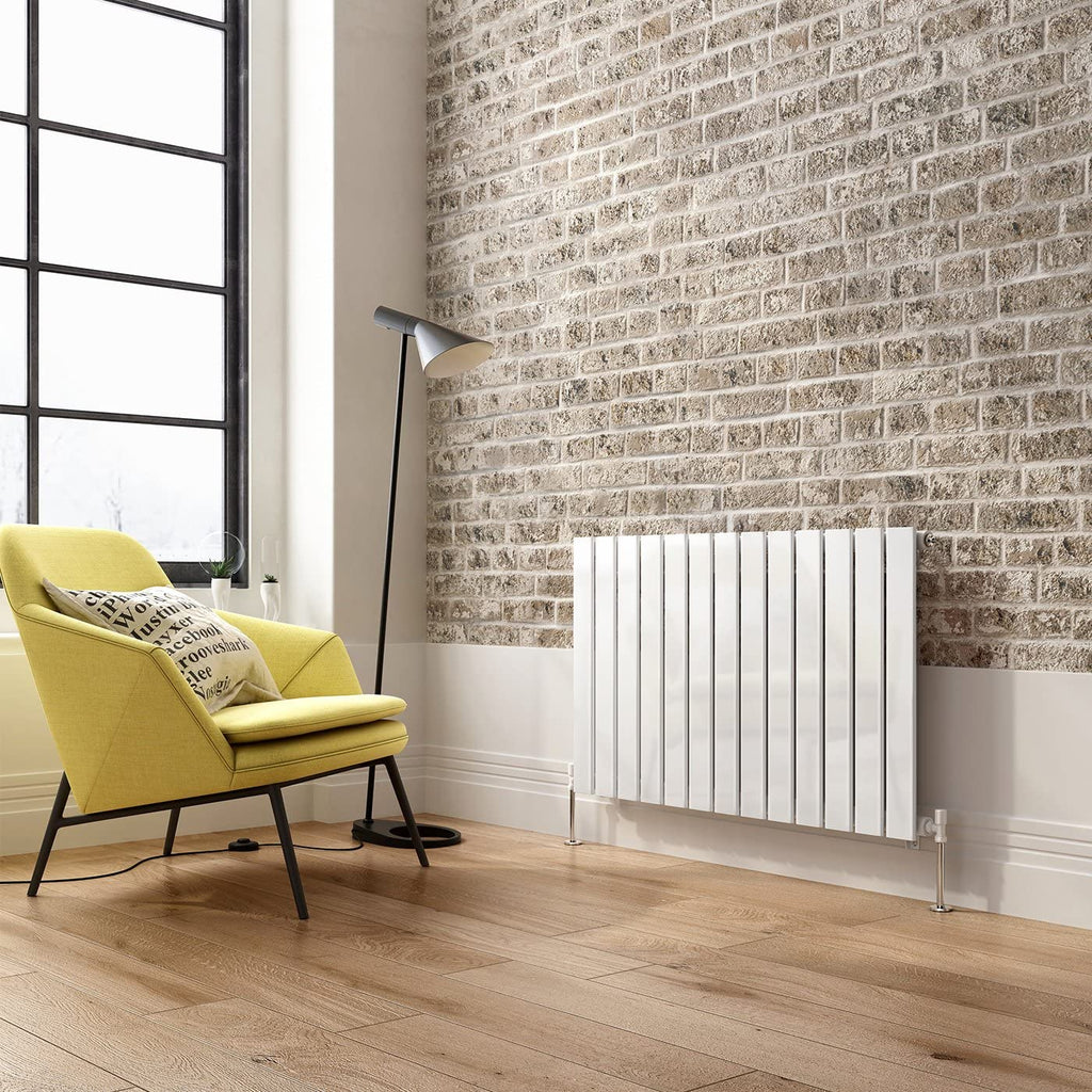iBathUK Apex Horizontal Single Panel Slim Flat Radiator, Wall Mounted Designer Radiator with Angled Valve, Matt White, 600mm x 988mm