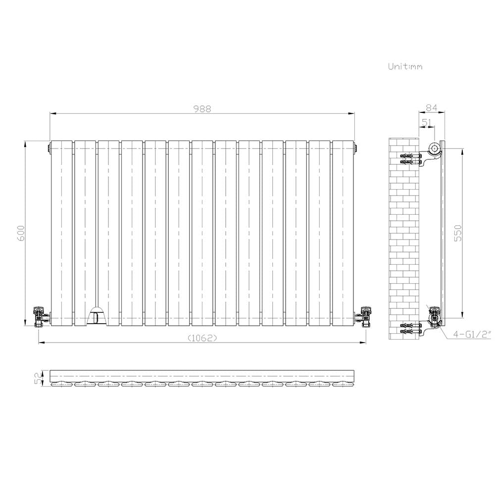 iBathUK Apex Horizontal Single Panel Slim Flat Radiator, Wall Mounted Designer Radiator with Angled Valve, Matt White, 600mm x 988mm