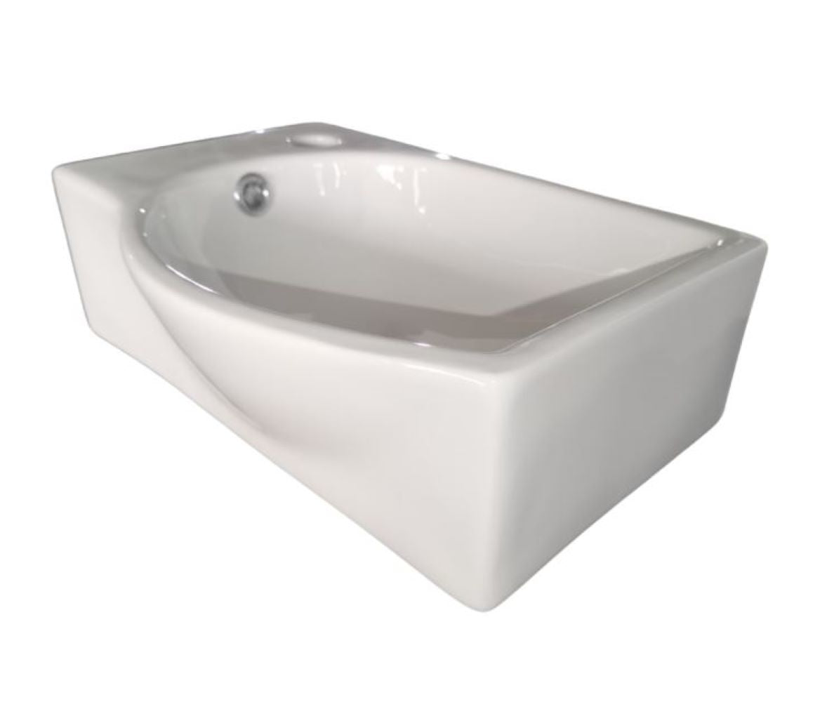 Modern Small Gloss White Wall Hung Ceramic Wash Basin Sink Bowl - Left Hand