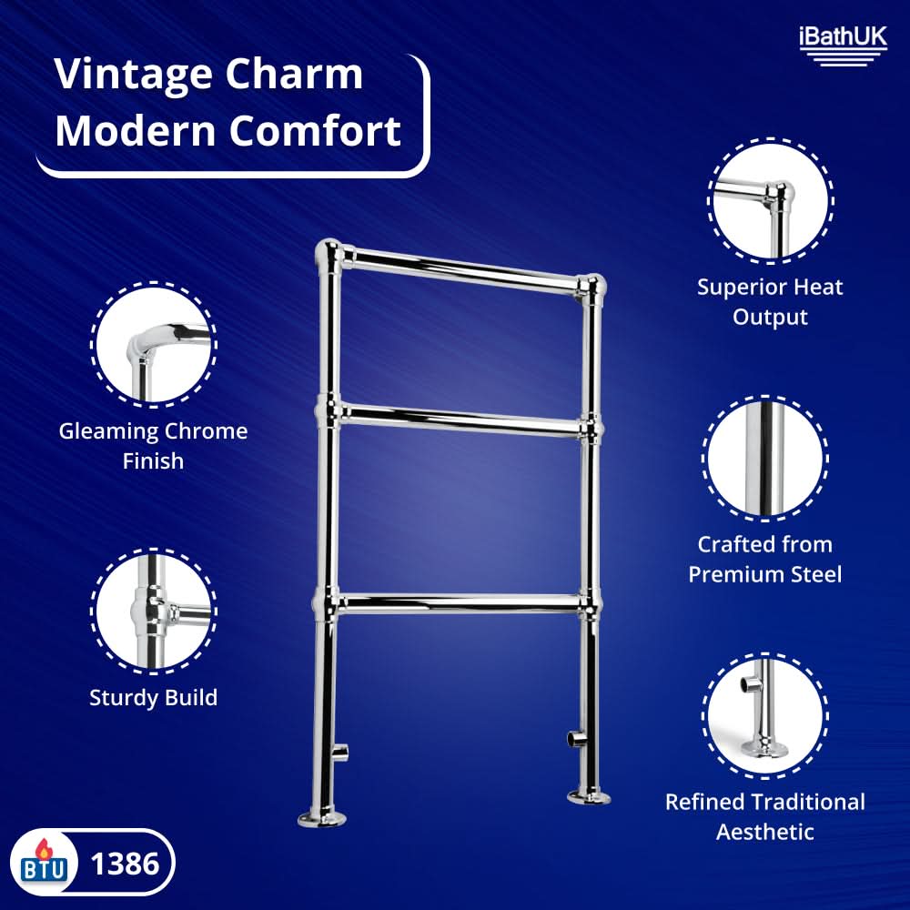 iBathUK Georgian Traditional Vertical Heated Towel Radiator Rail, Towel Warmer 3 Bar Floor Mounted , Designer Heated Towel Rail, 914x535mm, Chrome