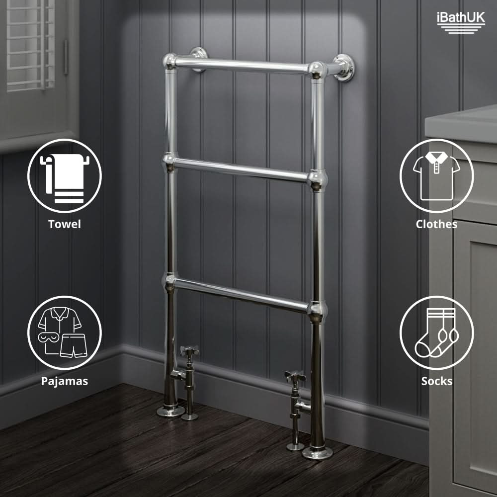 iBathUK Georgian Traditional Vertical Heated Towel Radiator Rail, Towel Warmer 3 Bar Floor Mounted , Designer Heated Towel Rail, 914x535mm, Chrome