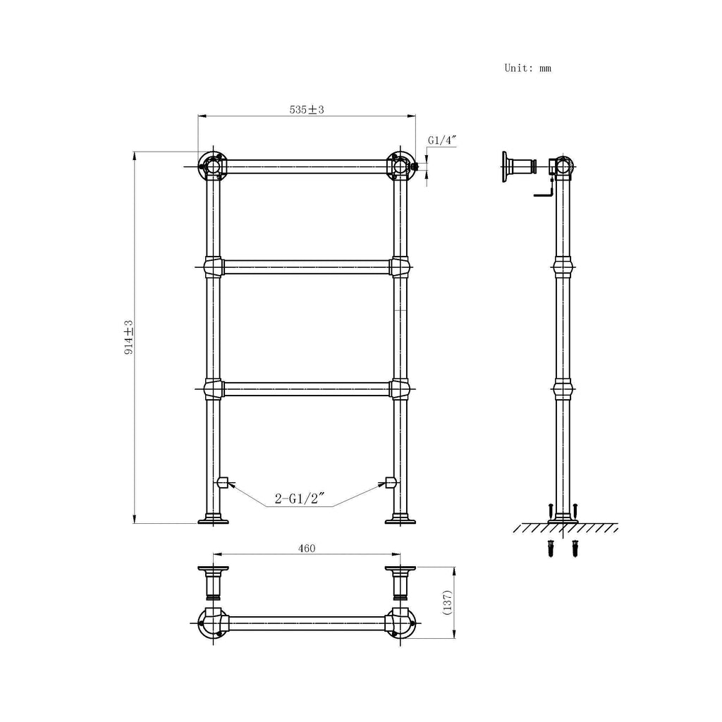 iBathUK Georgian Traditional Vertical Heated Towel Radiator Rail, Towel Warmer 3 Bar Floor Mounted , Designer Heated Towel Rail, 914x535mm, Chrome