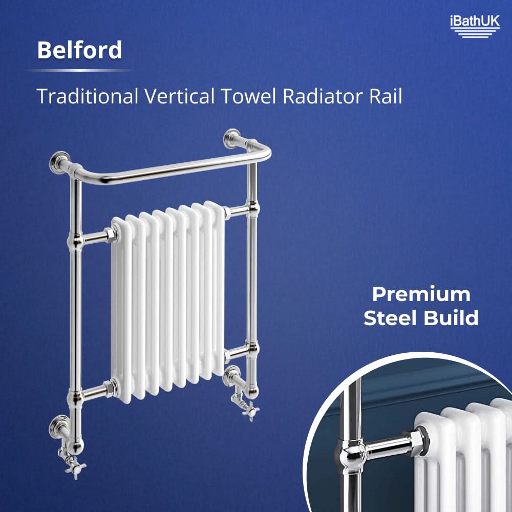 iBathUK Belford Traditional Vertical Heated Towel Radiator Rail, Curved Towel Warmer, 8 Column Floor Mounted, Designer Heated Towel Rail, 820x485mm