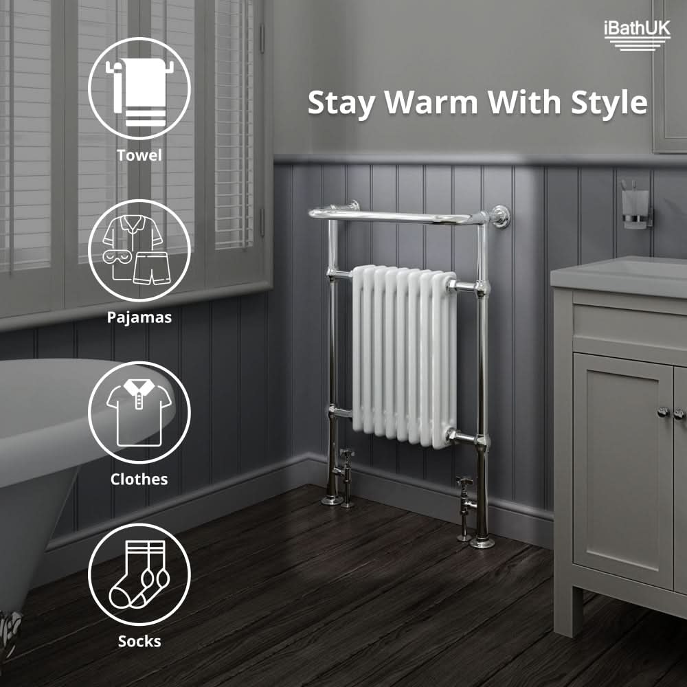 iBathUK Belford Traditional Vertical Heated Towel Radiator Rail, Curved Towel Warmer, 8 Column Floor Mounted, Designer Heated Towel Rail, 820x485mm
