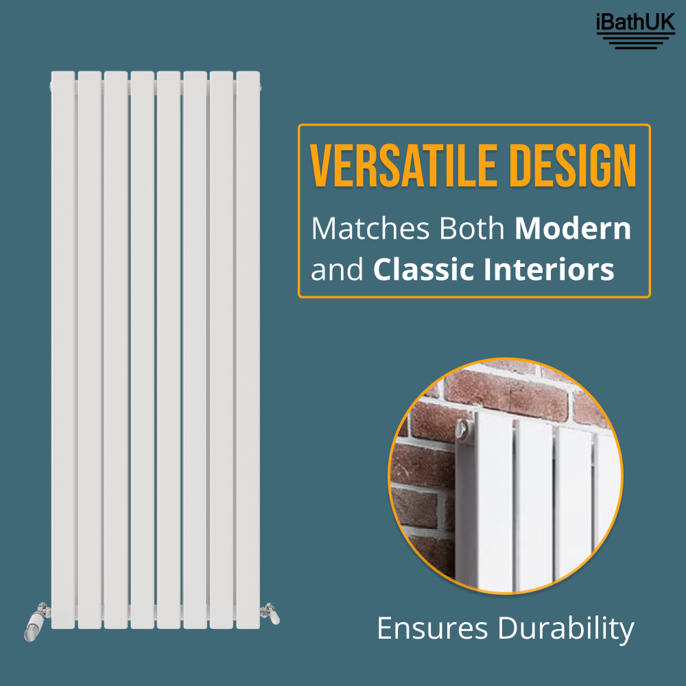 iBathUK Apex Vertical Double Panel Slim Flat Radiator, Wall Mounted Designer Radiator, High Heat Output, Matt White, 1600mm x 608mm