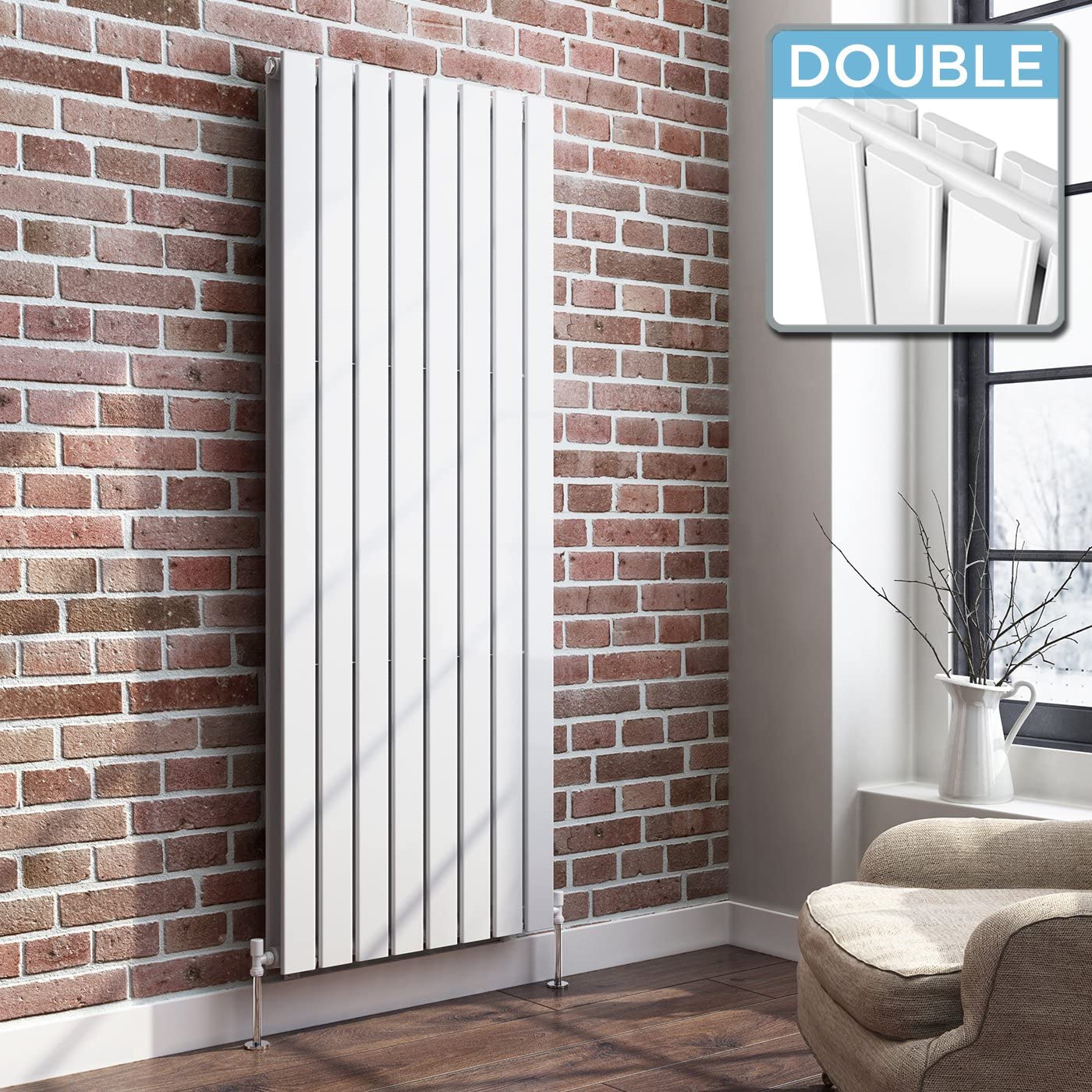 iBathUK Apex Vertical Double Panel Slim Flat Radiator, Wall Mounted Designer Radiator, High Heat Output, Matt White, 1600mm x 608mm
