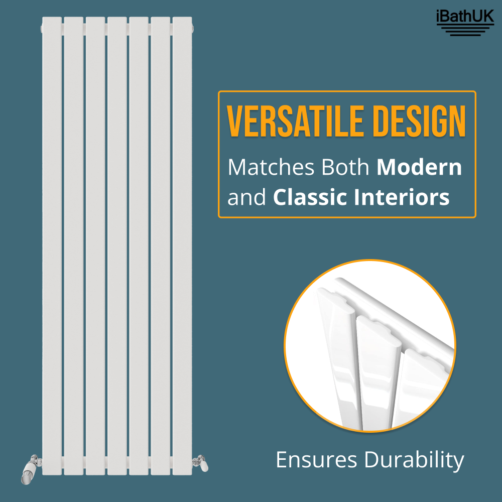 iBathUK Apex Vertical Single Panel Slim Flat Radiator, Wall Mounted Designer Radiator, High Heat Output, Matt White, 1600mm x 532mm
