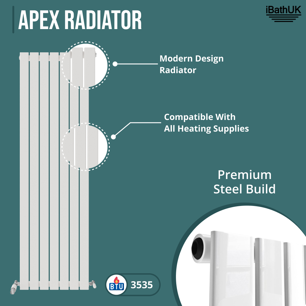 iBathUK Apex Vertical Single Panel Slim Flat Radiator, Wall Mounted Designer Radiator, High Heat Output, Matt White, 1800mm x 532mm