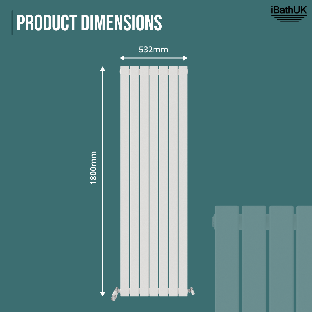 iBathUK Apex Vertical Single Panel Slim Flat Radiator, Wall Mounted Designer Radiator, High Heat Output, Matt White, 1800mm x 532mm