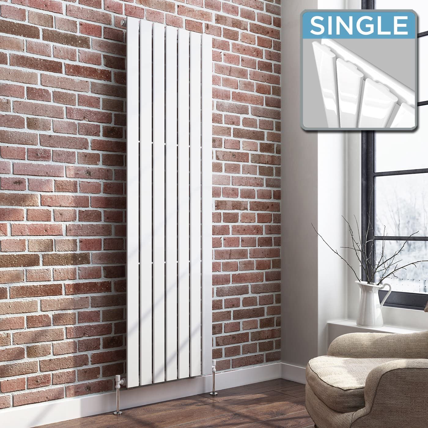 iBathUK Apex Vertical Single Panel Slim Flat Radiator, Wall Mounted Designer Radiator, High Heat Output, Matt White, 1800mm x 532mm