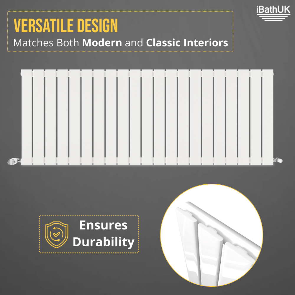 iBathUK Apex Horizontal Single Panel Slim Flat Radiator, Wall Mounted Designer Radiator, High Heat Output, Matt White, 600mm x 1596mm