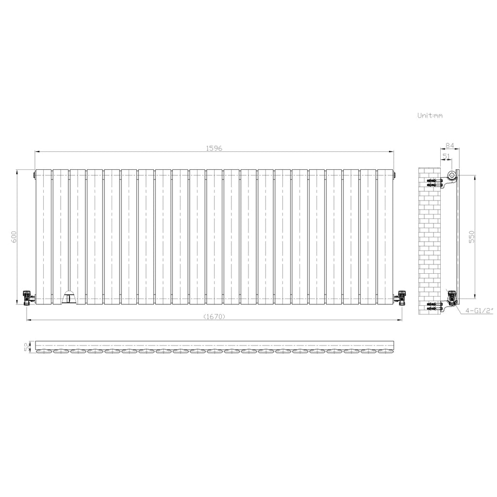 iBathUK Apex Horizontal Single Panel Slim Flat Radiator, Wall Mounted Designer Radiator, High Heat Output, Matt White, 600mm x 1596mm