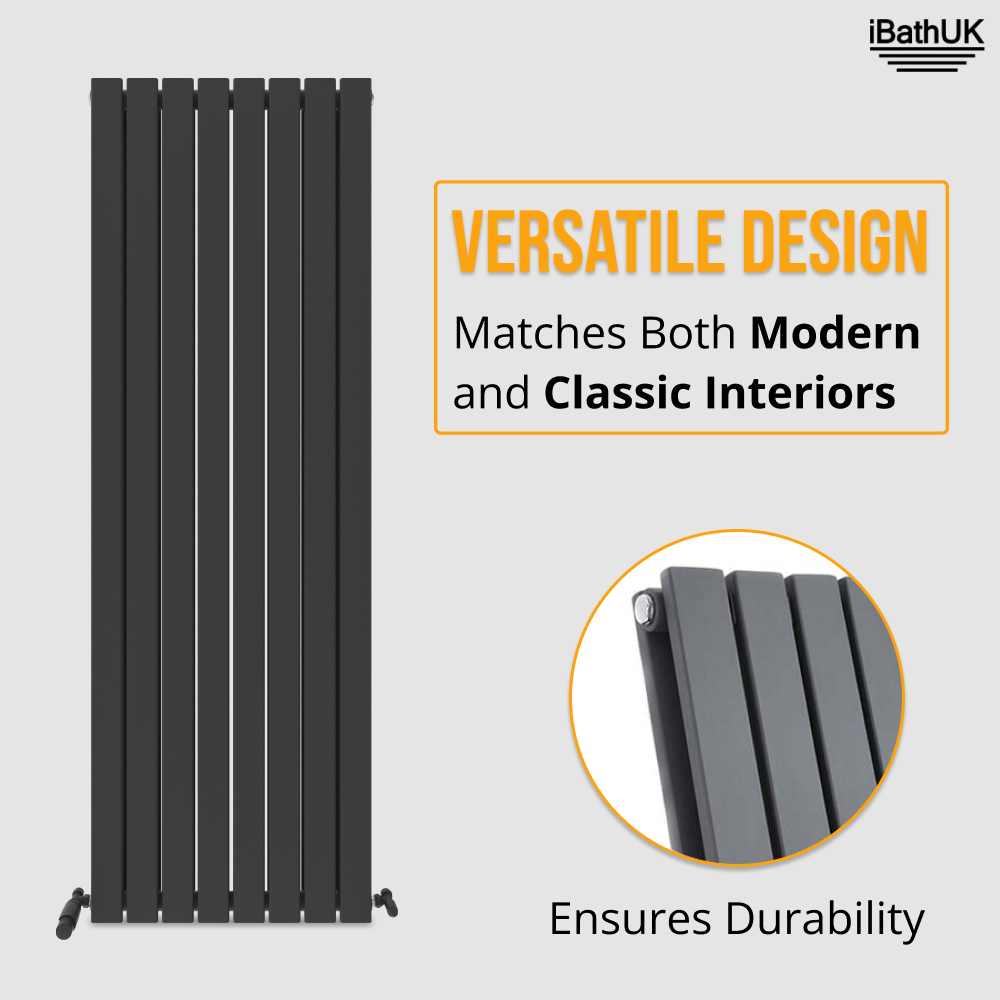 iBathUK Apex Vertical Double Panel Slim Flat Radiator, Wall Mounted Designer Radiator, High Heat Output, Matt Anthracite, 1600x608mm