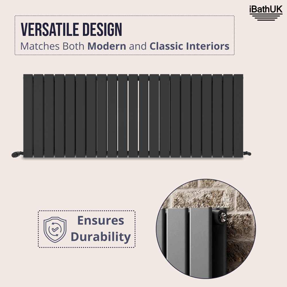 iBathUK Apex Horizontal Double Panel Slim Flat Radiator, Wall Mounted Designer Radiator, High Heat Output, Matt Anthracite, 600x1596mm