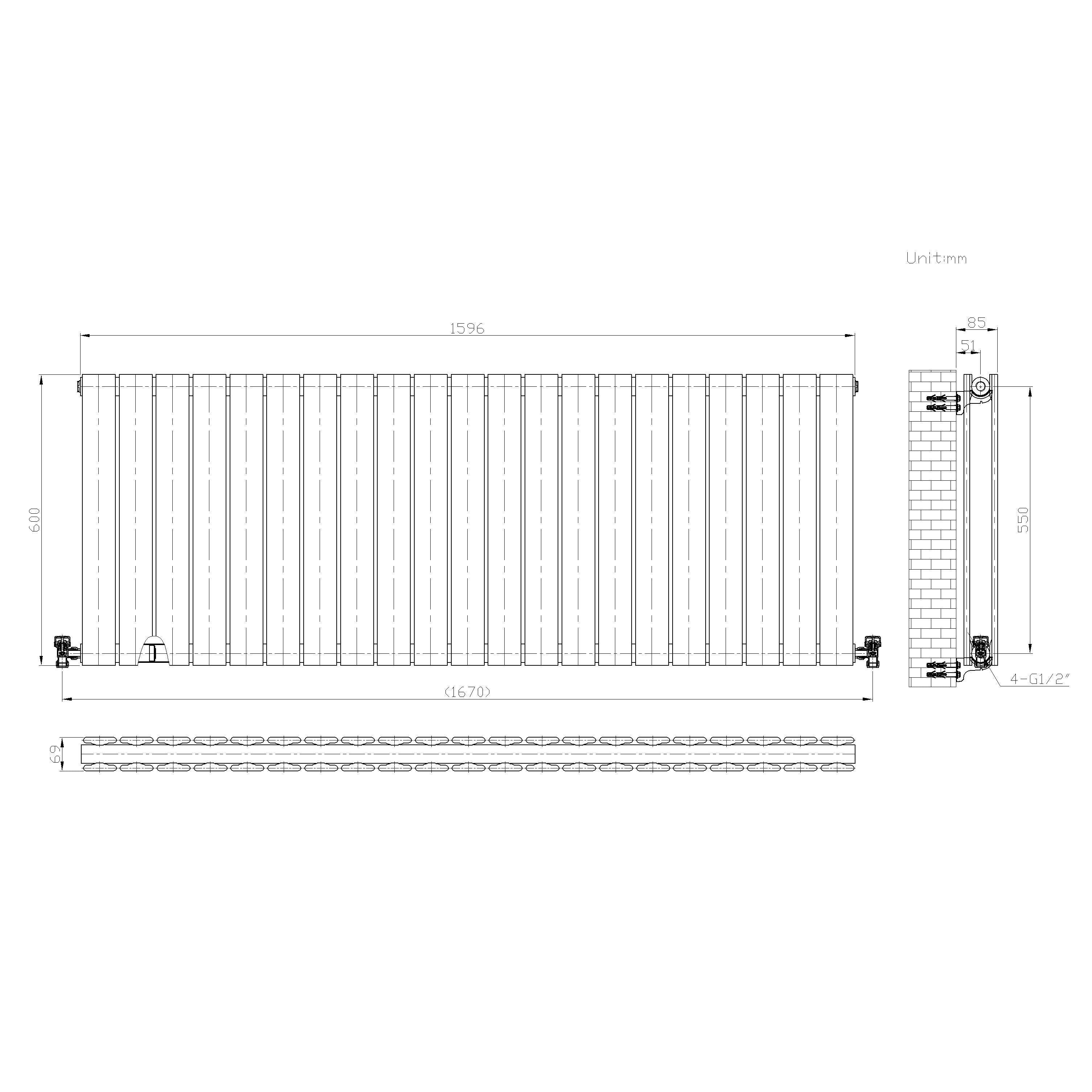 iBathUK Apex Horizontal Double Panel Slim Flat Radiator, Wall Mounted Designer Radiator, High Heat Output, Matt Anthracite, 600x1596mm