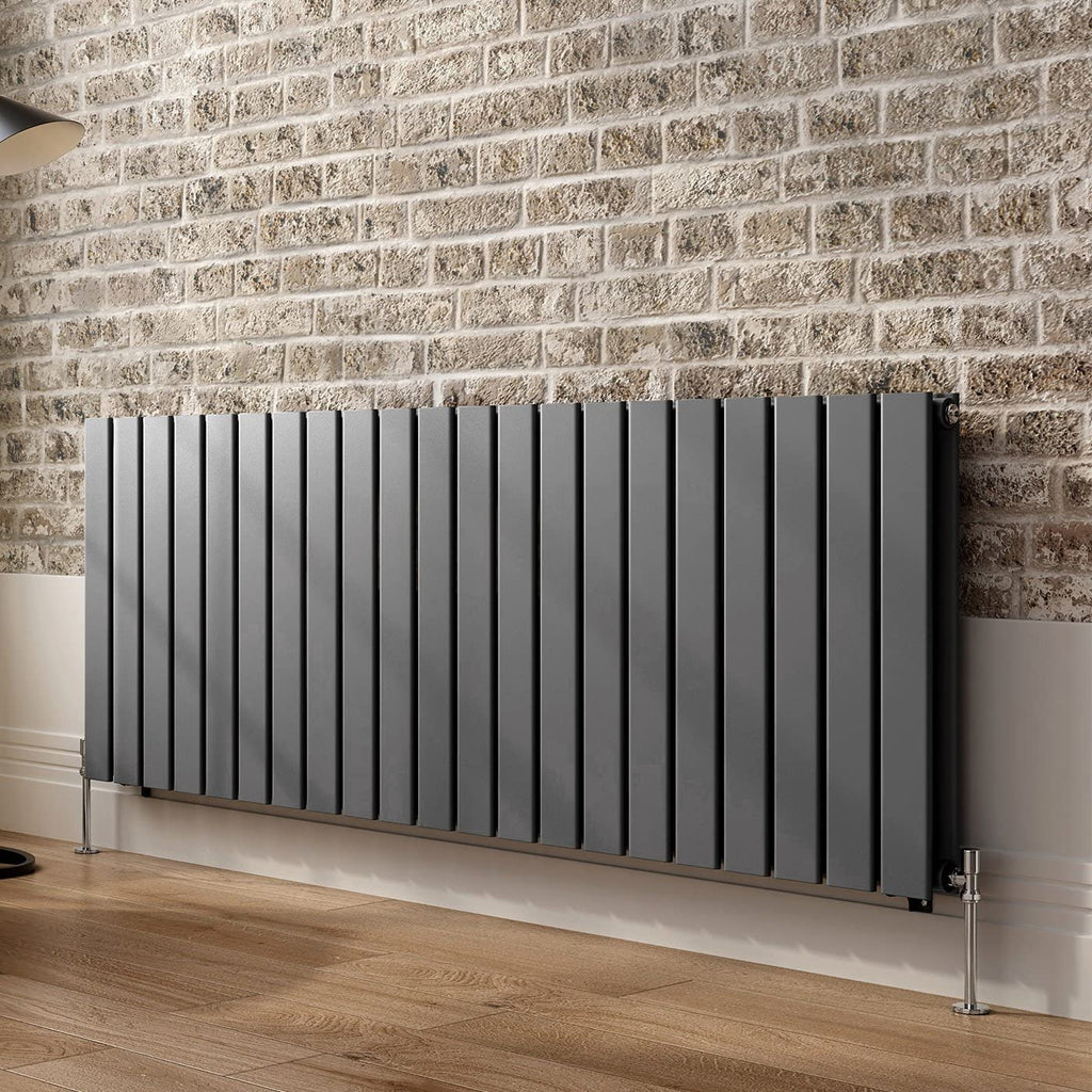 iBathUK Apex Horizontal Double Panel Slim Flat Radiator, Wall Mounted Designer Radiator, High Heat Output, Matt Anthracite, 600x1596mm