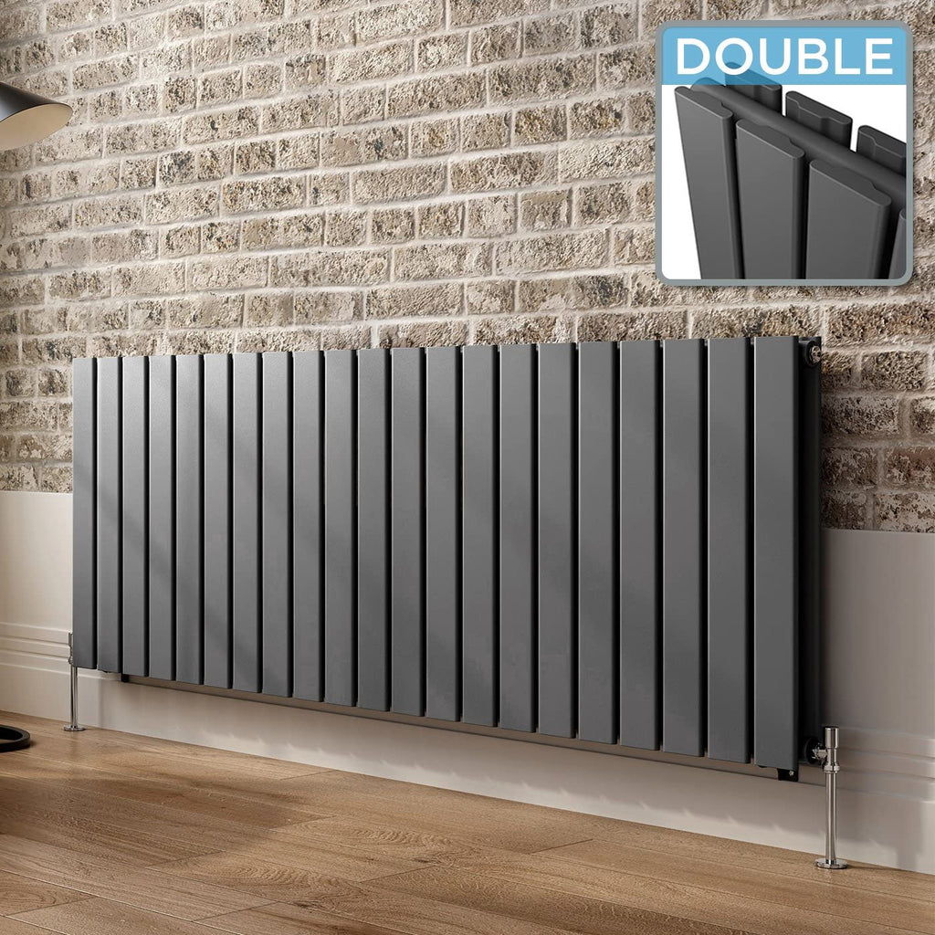 iBathUK Apex Horizontal Double Panel Slim Flat Radiator, Wall Mounted Designer Radiator, High Heat Output, Matt Anthracite, 600x1596mm