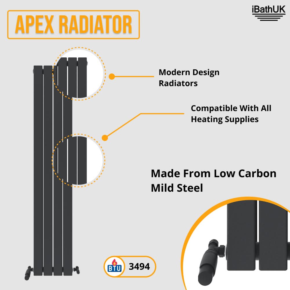 iBathUK Apex Vertical Double Panel Slim Flat Radiator, Designer Slim Radiator