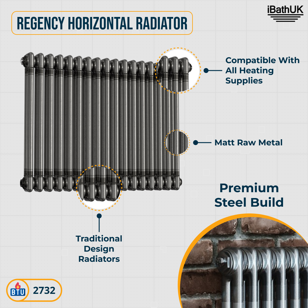 iBathUK Regency Horizontal Traditional Wall Mounted 2 Column High Heat Hydronic Gloss Raw Metal 600x785mm