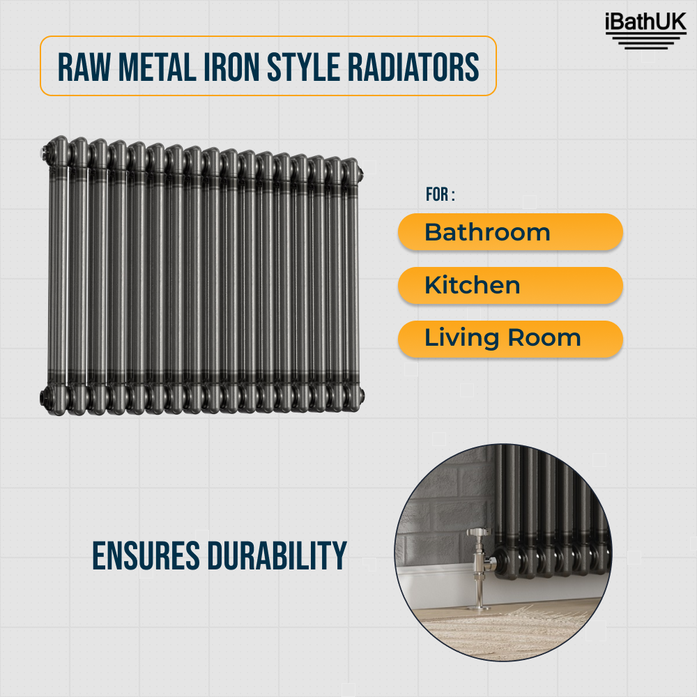 iBathUK Regency Horizontal Traditional Wall Mounted 2 Column High Heat Hydronic Gloss Raw Metal 600x785mm