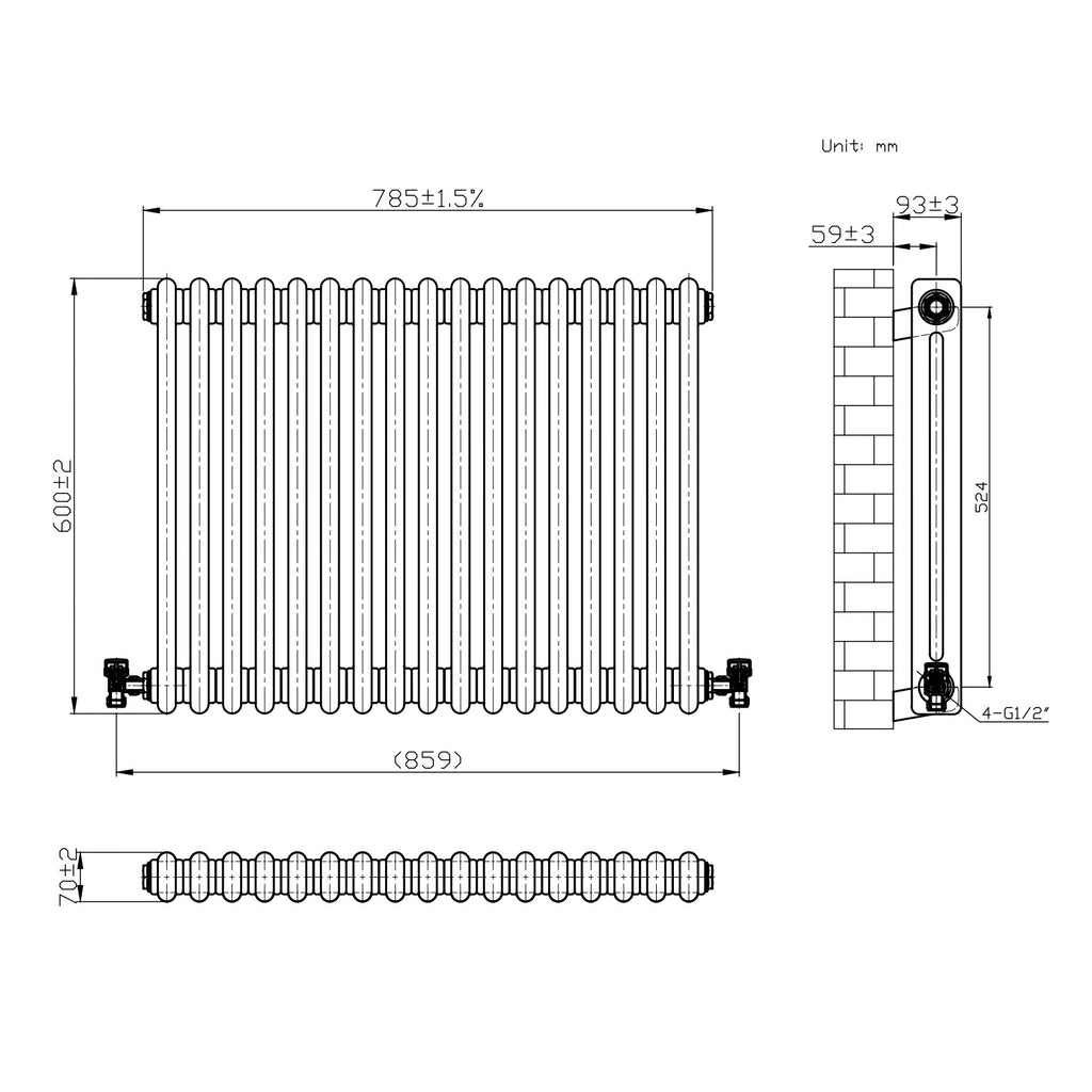 iBathUK Regency Horizontal Traditional Wall Mounted 2 Column High Heat Hydronic Gloss Raw Metal 600x785mm