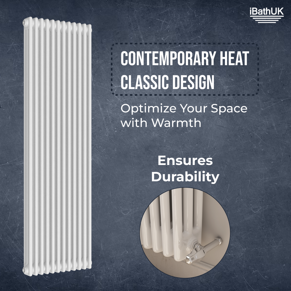 iBathUK Regency Vertical White Traditional 3 Column Radiator, High Output Hydronic Central Heating Gloss White 1800x560mm