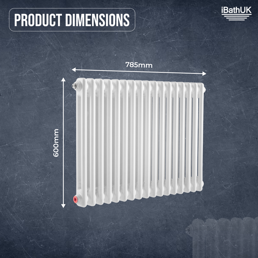 iBathUK Regency Horizontal White Traditional 2 Column Radiator, High Output Hydronic Heating Gloss White 600x785mm