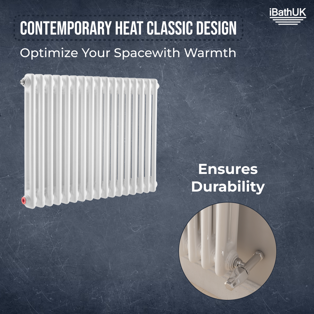 iBathUK Regency Horizontal White Traditional 2 Column Radiator, High Output Hydronic Heating Gloss White 600x785mm