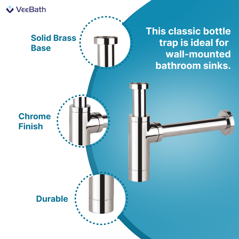 iBathUK Trapure Modern Round Solid Brass Basin Bottle Waste Trap, Sleek Chrome Sink Drain Kit