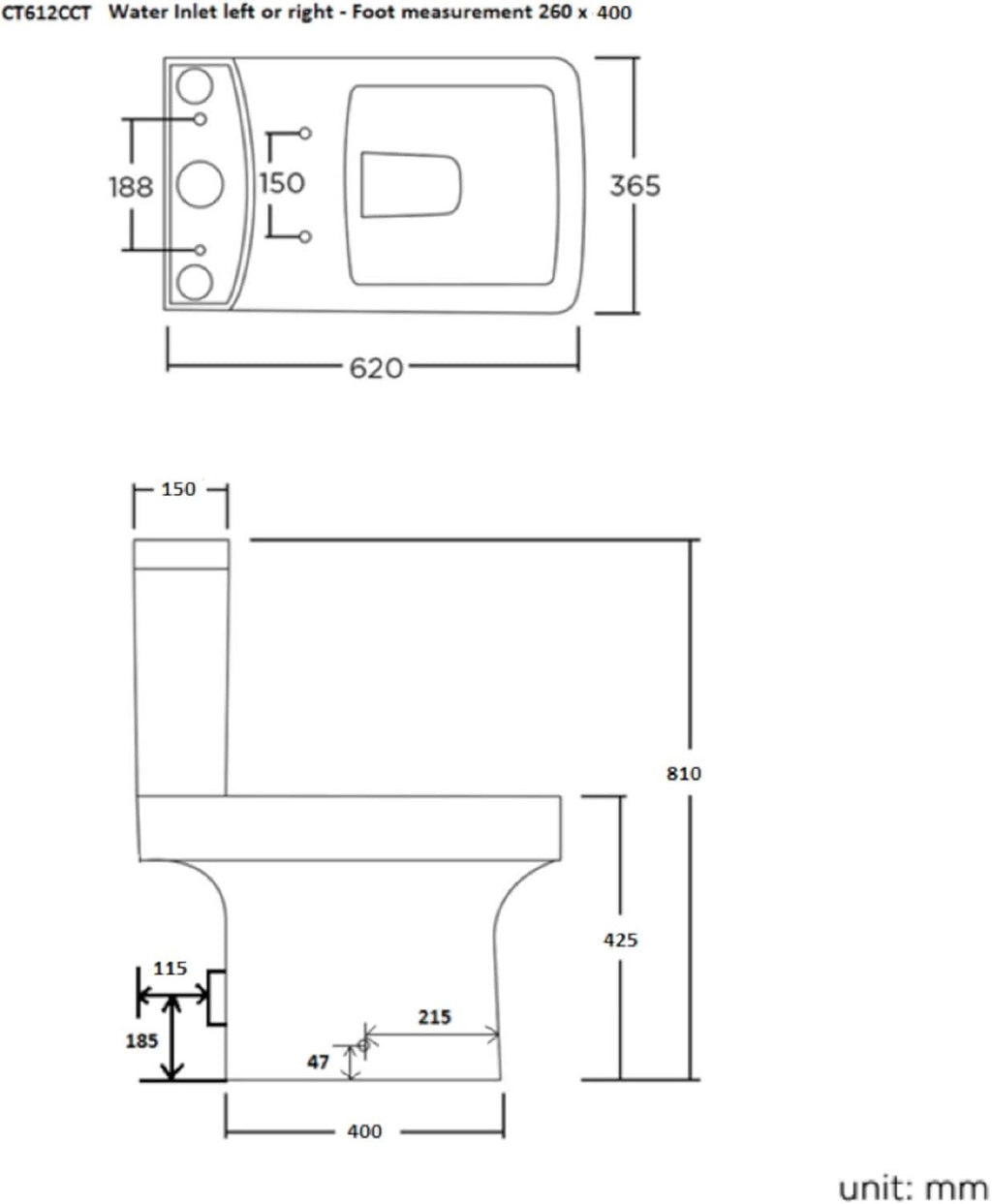 Technical drawing of the iBathUK Arvon Shower Bath Suite, showing detailed millimeter measurements for the close coupled toilet and vanity basin unit, including side and top views with height, width, depth, and mounting positions.
