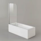 The iBathUK Arvon Shower Bath Suite features a straight white bathtub with a glass screen, gloss vanity basin unit, and close coupled toilet set—ideal for a modern bathroom.