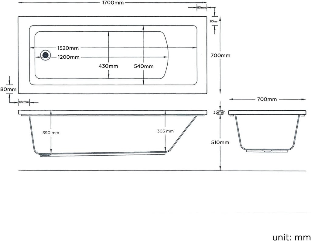 Technical drawing of the iBathUK Arvon Shower Bath Suite shows top, side, and end views of the straight bathtub (1700mm x 700mm x 510mm), plus detailed interior and edge measurements. Includes glass screen, vanity basin unit, and toilet set.