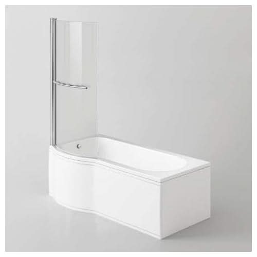 iBathUK Elantia Left Hand P-Shaped Shower Bath, 6mm Glass Screen, Chrome Rail & Front Panel Included, P Shaped Bathtub Panel, 1500x800mm