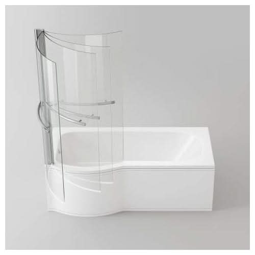 iBathUK Elantia Left Hand P-Shaped Shower Bath, 6mm Glass Screen, Chrome Rail & Front Panel Included, P Shaped Bathtub Panel, 1500x800mm