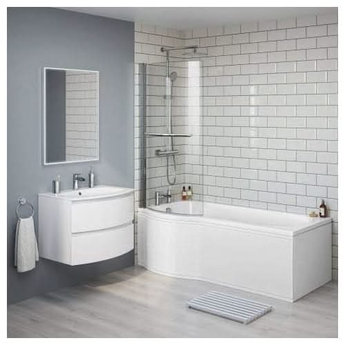 iBathUK Elantia Left Hand P-Shaped Shower Bath, 6mm Glass Screen, Chrome Rail & Front Panel Included, P Shaped Bathtub Panel, 1500x800mm
