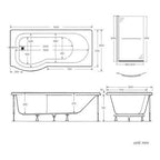 iBathUK Elantia Left Hand P-Shaped Shower Bath, 6mm Glass Screen, Chrome Rail & Front Panel Included, P Shaped Bathtub Panel, 1500x800mm